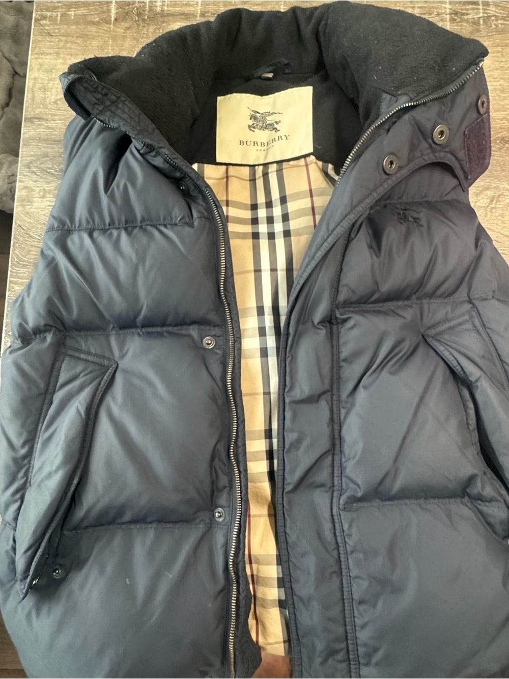 Burberry Navy Puffer Vest with Vintage Check Lining